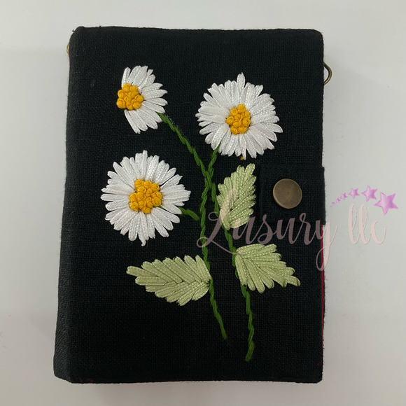 Daisy Embroidery Passport Wallet, Birthday Gift, Versatile Washable, Black - Picture 1 of 13